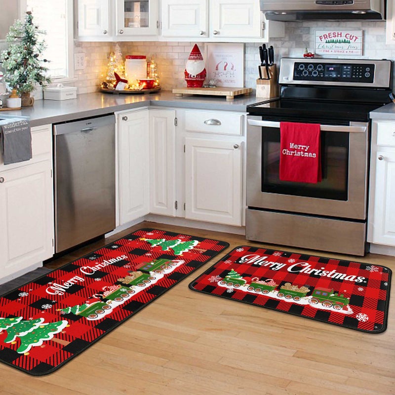 Christmas Kitchen Rugs and Mats Set 2 PCS Merry Christmas Indoor Floor Mats Red Black Buffalo Check Plaid for Winter Xmas Door Mat Runner Rug Mat for Kitchen Home Decor 17x4717x30