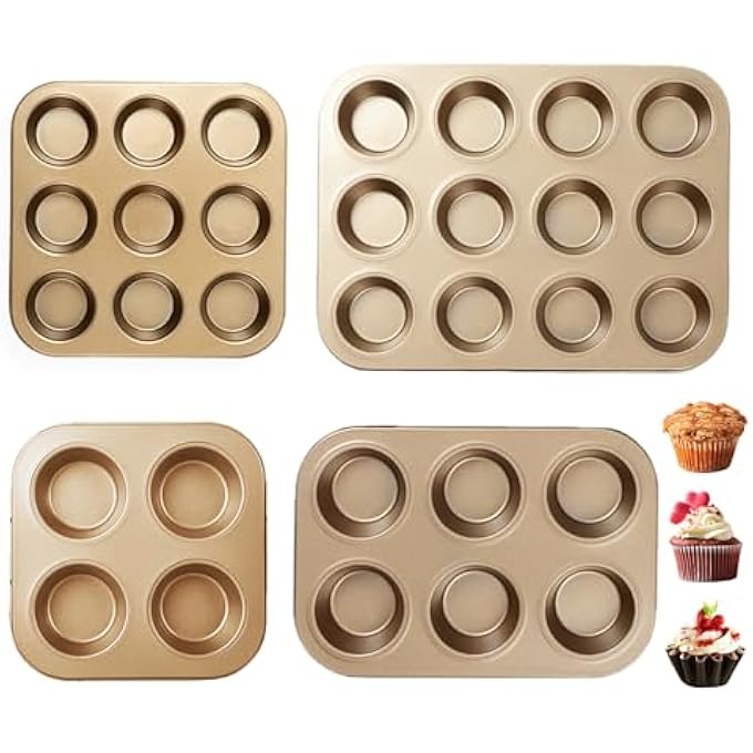 4 Packs Nonstick Muffin Pan Mini Cupcake Pans Set Gold Cupcake Baking Tray Safe Cupcake Mold Carbon Steel Muffin Tray For Baking Cakes Desserts 4 Cup 6 Cup 9 Cup 12 Cup - Image 1