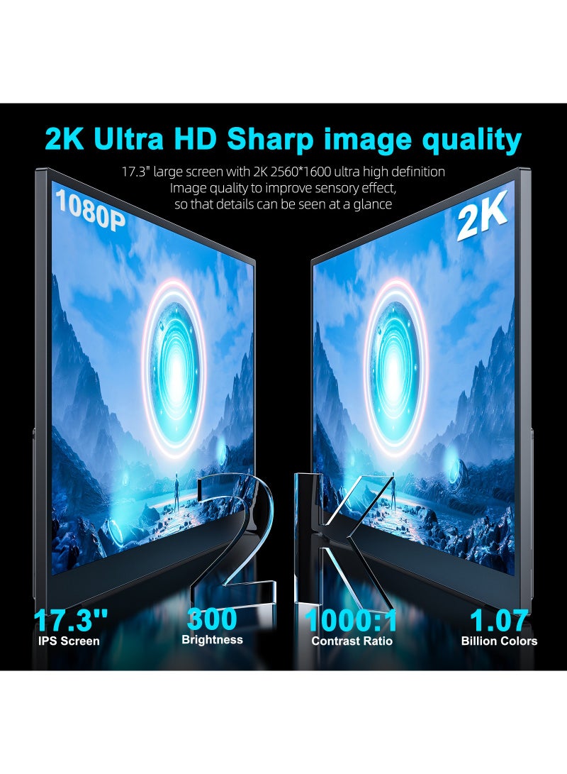 أوبيرفكت شاشة ألعاب محمولة UPERFECT 144 هرتز 17.3 بوصة QHD 2560*1400P IPS USB C Mini HDMI للكمبيوتر المحمول والهاتف الذكي XBO Switch PS4/5، هيكل معدني، شاشة محمولة قابلة للتثبيت على حامل VESA - Image 3
