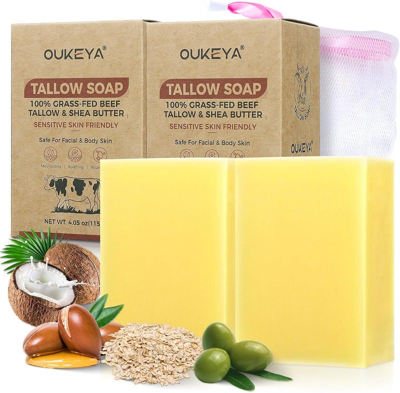 OUKEYA Natural Beef Tallow Soap Bar Moisturizing Gentle for Face Body Organic Tallow Soap for Dry Skin Sensitive Skin Skin Care ChemicalFree CrueltyFree 2 x 115g
