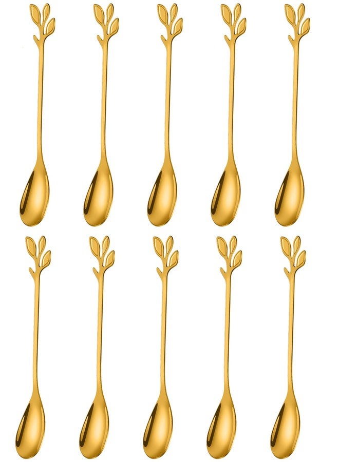 AnSaw Elegant Gold Leaf Coffee Spoons - 10-Piece, 4.7" Mini Stainless Steel Espresso & Dessert Tea Spoons, Perfect for Demitasse & Small Servings - Image 1