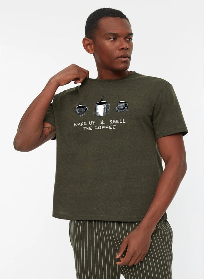 trendyol Khaki Regular/Normal Cut Coffee Themed Striped Pajama Set - Image 1