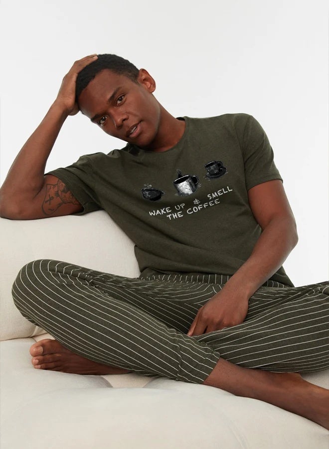 trendyol Khaki Regular/Normal Cut Coffee Themed Striped Pajama Set - Image 3