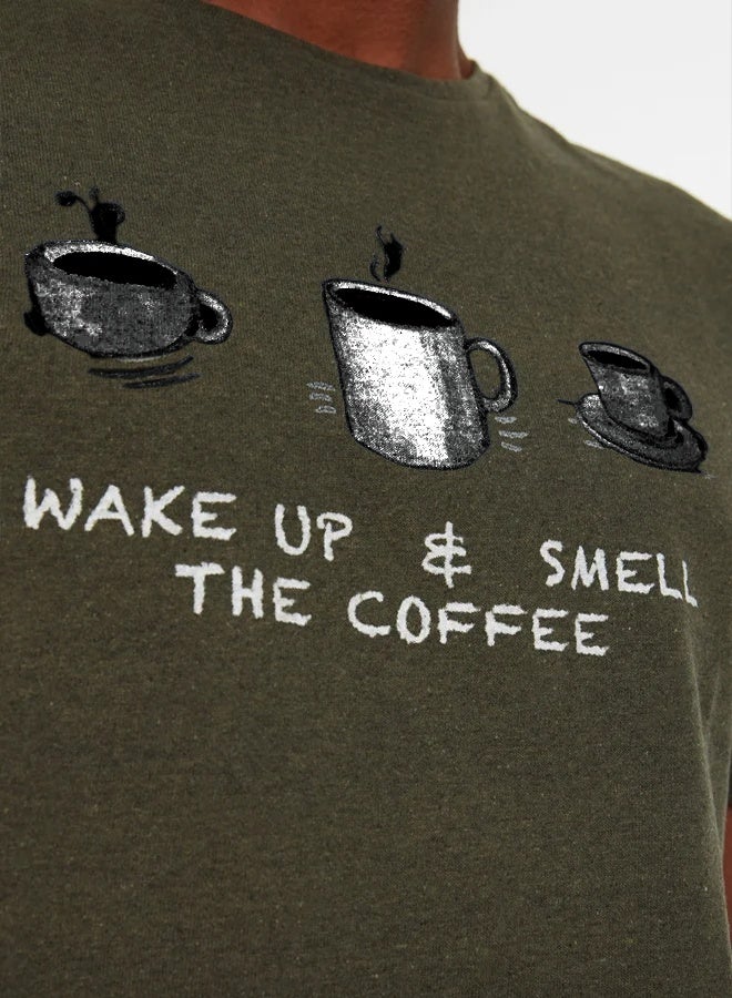 trendyol Khaki Regular/Normal Cut Coffee Themed Striped Pajama Set - Image 2