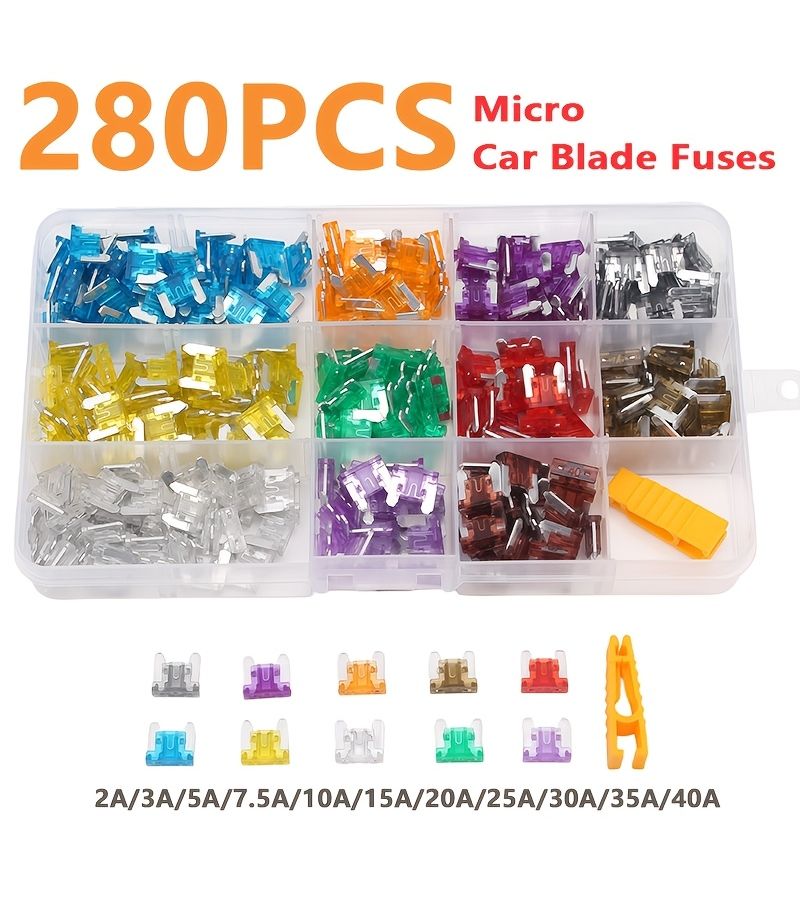 طقم صيانة فيوزات سيارة شامل: 280 قطعة من الفيوزات الدقيقة المصغرة (Micro Mini) وأدوات سحبها، من النوع الشحاذي القياسي الصغير، مخصصة للحماية الآمنة للدوائر الكهربائية في السيارات الصغيرة، تتراوح سعتها بين 2 أمبير و40 أمبير. - Image 4