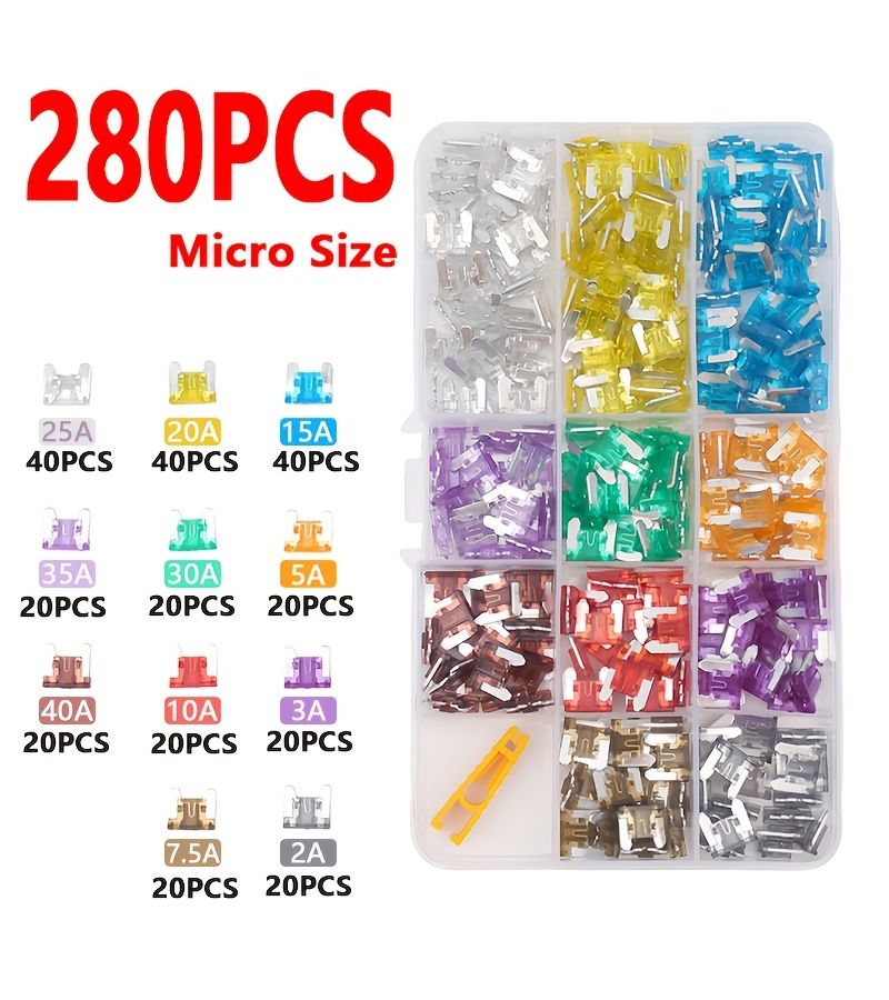 طقم صيانة فيوزات سيارة شامل: 280 قطعة من الفيوزات الدقيقة المصغرة (Micro Mini) وأدوات سحبها، من النوع الشحاذي القياسي الصغير، مخصصة للحماية الآمنة للدوائر الكهربائية في السيارات الصغيرة، تتراوح سعتها بين 2 أمبير و40 أمبير. - Image 1