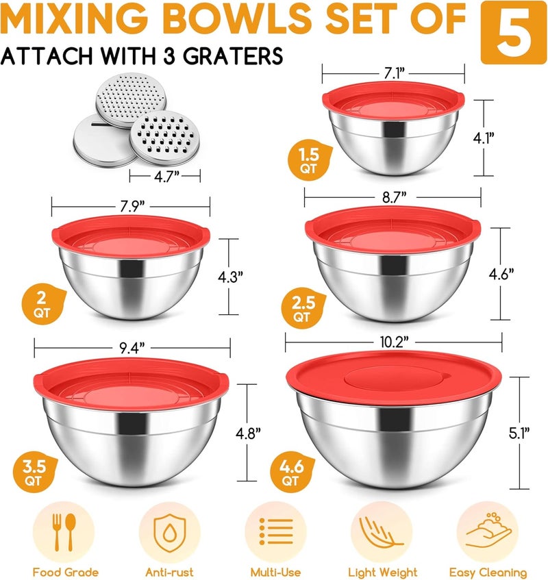 Herogo 5-Piece Stainless Steel Mixing Bowls with Airtight Lids, 3 Grater Attachments, Salad Serving Bowls for Kitchen, Size 4.6, 3.5, 2.5, 2, 1.5QT Ideal for Prepping & Cooking, Red - Image 2