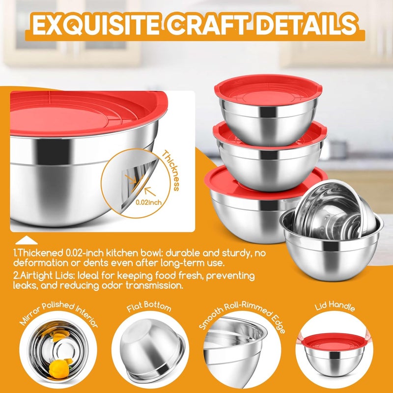Herogo 5-Piece Stainless Steel Mixing Bowls with Airtight Lids, 3 Grater Attachments, Salad Serving Bowls for Kitchen, Size 4.6, 3.5, 2.5, 2, 1.5QT Ideal for Prepping & Cooking, Red - Image 3