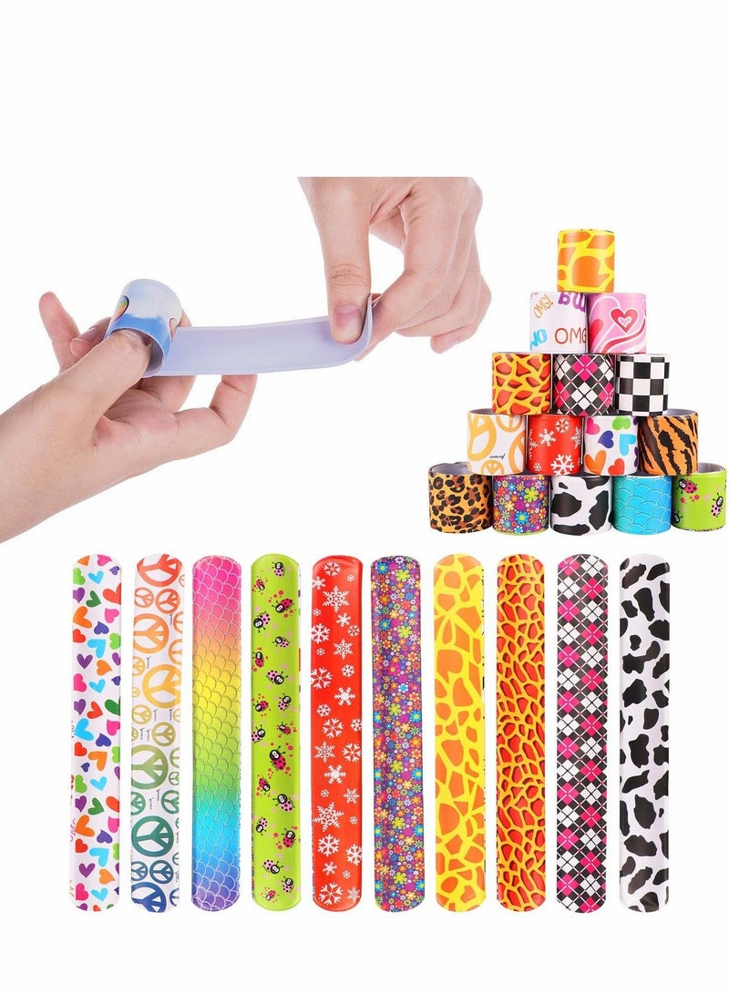 Slap Bracelets Toys for Kids, 50 PCs Party Favors Trinket Colorful Hearts Animal Print Design Retro Bands Children Adults Birthday Classroom Gifts