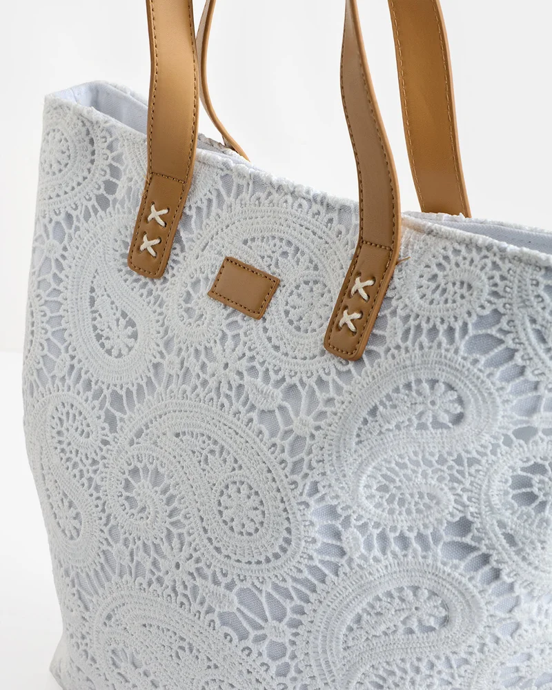 REDTAG Women's White Lace Canvas Shopper Bag