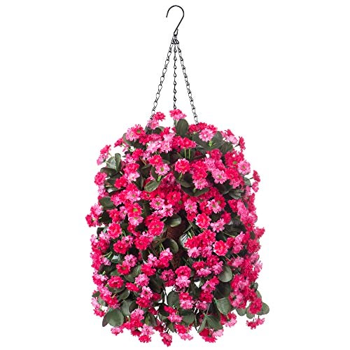 Ammyoo Artificial Flowers in Hanging Basket for Outdoors Indoors Decor, Artificial Mums Bush Flowers Plants with Baskets for Home Porch Garden Yard Patio Spring Summer Decoration (Rose Red) - Image 1