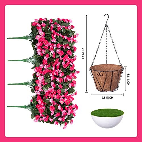 Ammyoo Artificial Flowers in Hanging Basket for Outdoors Indoors Decor, Artificial Mums Bush Flowers Plants with Baskets for Home Porch Garden Yard Patio Spring Summer Decoration (Rose Red) - Image 5