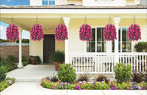 Ammyoo Artificial Flowers in Hanging Basket for Outdoors Indoors Decor, Artificial Mums Bush Flowers Plants with Baskets for Home Porch Garden Yard Patio Spring Summer Decoration (Rose Red) - Image 2