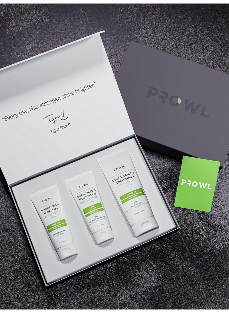 PROWL by Tiger Shroff Facecare Gift Set for Men with Facewash 100 ml, Face Cream 50ml and SPF50 Sunscreen 50ml | Daily Brightening, Hydrating & Anti-Acne Grooming Kit - Image 1