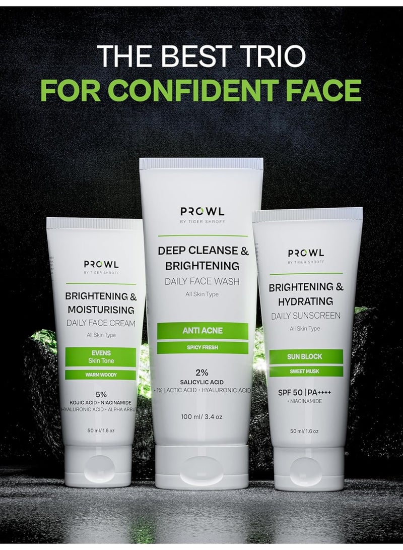 PROWL by Tiger Shroff Facecare Gift Set for Men with Facewash 100 ml, Face Cream 50ml and SPF50 Sunscreen 50ml | Daily Brightening, Hydrating & Anti-Acne Grooming Kit - Image 2