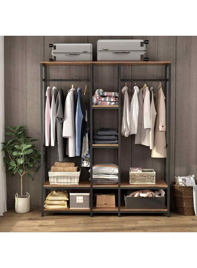 Modern dressing room with divided units and shelves, reinforced iron frame, and wooden surfaces.