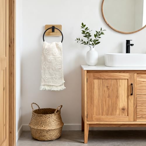 SUNTECH Farmhouse Towel Ring - Rustic Towel Holder Wall Mounted, Country Decor Hand Towel Holder, Bathroom Towel Organizer Waterproof, Wooden Base - Image 2