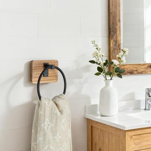 SUNTECH Farmhouse Towel Ring - Rustic Towel Holder Wall Mounted, Country Decor Hand Towel Holder, Bathroom Towel Organizer Waterproof, Wooden Base - Image 3