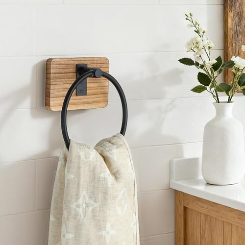 SUNTECH Farmhouse Towel Ring - Rustic Towel Holder Wall Mounted, Country Decor Hand Towel Holder, Bathroom Towel Organizer Waterproof, Wooden Base - Image 1