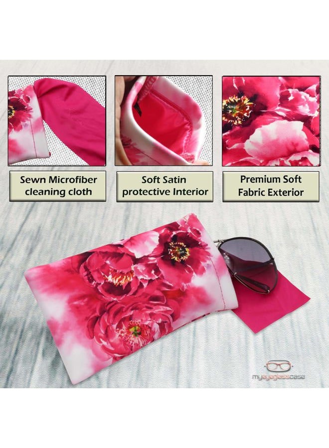 MyEyeglassCase Women Soft Sunglasses Case - Large Glasses Holder in Floral Microfiber Print - Squeeze Top Eyeglass Pouch with Cloth - Passport Holder, Smart Phone Case (CT8 Peonies) - Image 3
