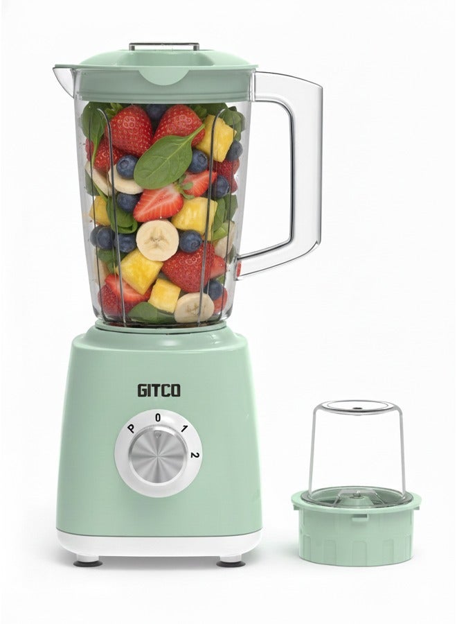 جيتكو خلاط سطح عمل 2 في 1، محرك بقوة 500 واط مع التحكم في درجة الحرارة، وعاء 1.5 لتر خالٍ من مادة BPA + كوب مطحنة جافة، سرعتان ونبض، شفرات من الفولاذ المقاوم للصدأ، GB1011 أخضر نعناعي/أبيض - Image 1