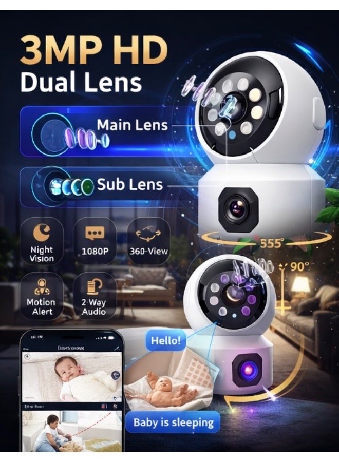 HONTON كاميرا HONTON 3MP HD الذكية واي فاي ذات العدستين V380 Pro – كاميرا أمان داخلية PTZ بزاوية 360° مع رؤية ليلية، صوت ثنائي الاتجاه، كشف الحركة وتخزين سحابي – بيضاء - Image 4