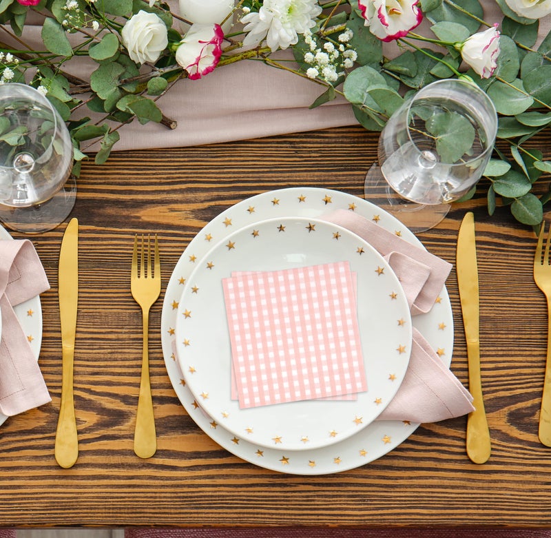 Gift Boutique 100 Pcs Pink & White Gingham Cocktail Napkins Disposable Paper Checkered Plaid Beverage Dessert Napkin Summer Picnic Baby Shower Party - Image 4