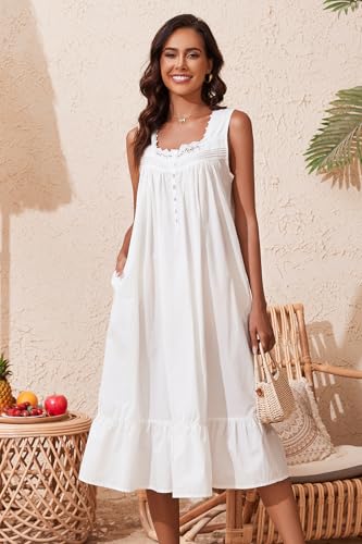 AVIIER 100% Cotton Nightgowns for Women Sleeveless Sleep Dress Ladies Gowns Sleepwear with Pockets (White, Large) - Image 3