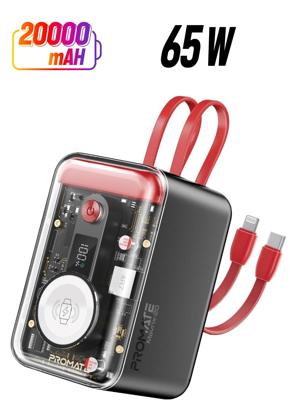 5-In-1 Power Bank, Universal 20000 mAh Charger with Built-In USB-C,Lightning Cables, PD65W USB-C Port,27W USB-A Port,3W Apple Watch Charger, Mavrix-20.Red Red