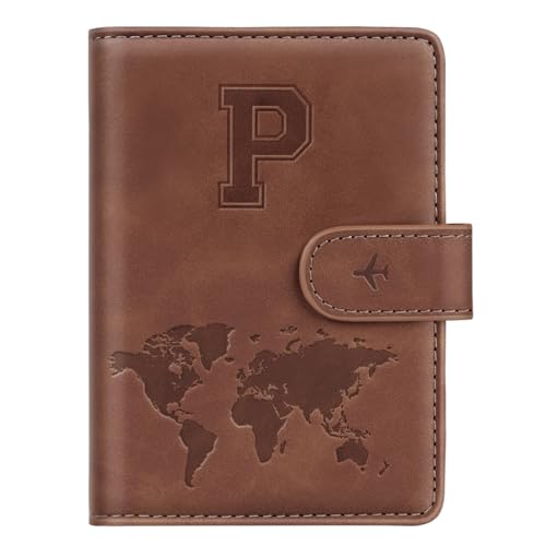 Simikol Passport Holder Cover Personalized Initial Letter A-Z Travel Wallet RFID Blocking Passport Cover Passport Book Holders for Women and Men, Brown-P - Image 1