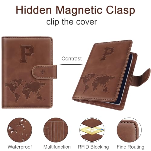 Simikol Passport Holder Cover Personalized Initial Letter A-Z Travel Wallet RFID Blocking Passport Cover Passport Book Holders for Women and Men, Brown-P - Image 4