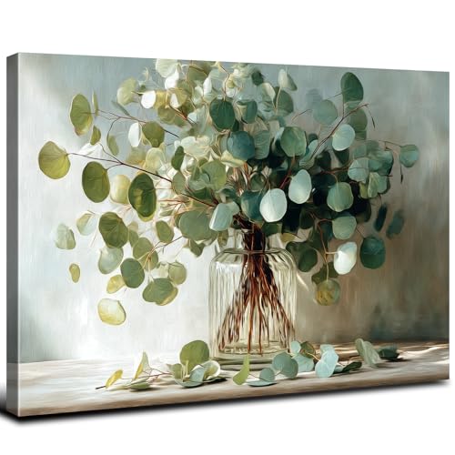 AREBOLO Eucalyptus Wall Art Sage Green Bathroom Decor Botanical Picture Plant Leaf Canvas Prints Painting for Living Room Watercolor Nature Mason Jar Flower Poster Vintage Artwork Home Decorations 12x16” - Image 1