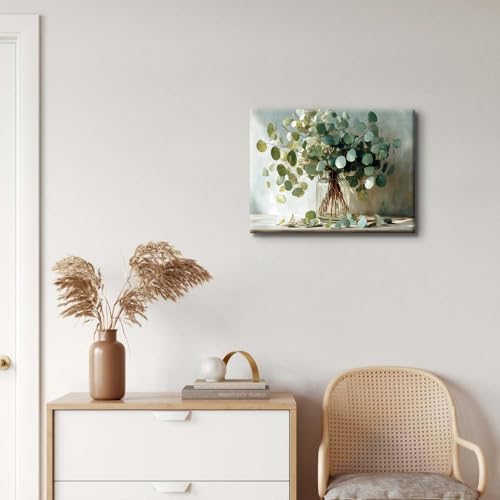 AREBOLO Eucalyptus Wall Art Sage Green Bathroom Decor Botanical Picture Plant Leaf Canvas Prints Painting for Living Room Watercolor Nature Mason Jar Flower Poster Vintage Artwork Home Decorations 12x16” - Image 3