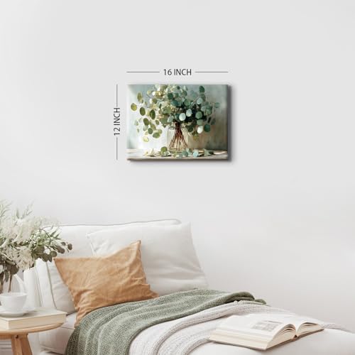 AREBOLO Eucalyptus Wall Art Sage Green Bathroom Decor Botanical Picture Plant Leaf Canvas Prints Painting for Living Room Watercolor Nature Mason Jar Flower Poster Vintage Artwork Home Decorations 12x16” - Image 5
