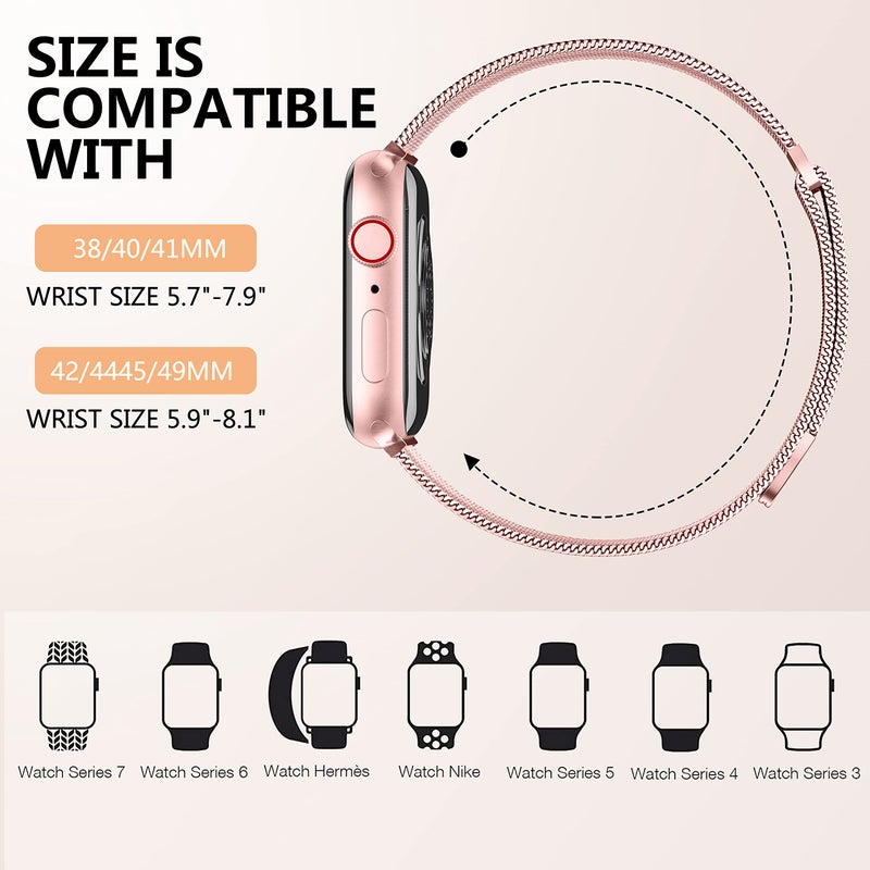 Zedoli Compatible with Apple Watch Band 40mm 38mm 41mm 42mm iWatch Bands SE Ultra Series 11 10 9 8 7 6 5 4 3 2 1 for Women Men, Stainless Steel Magnetic Mesh Loop Adjustable Metal Strap Rose Pink Gold - Image 5