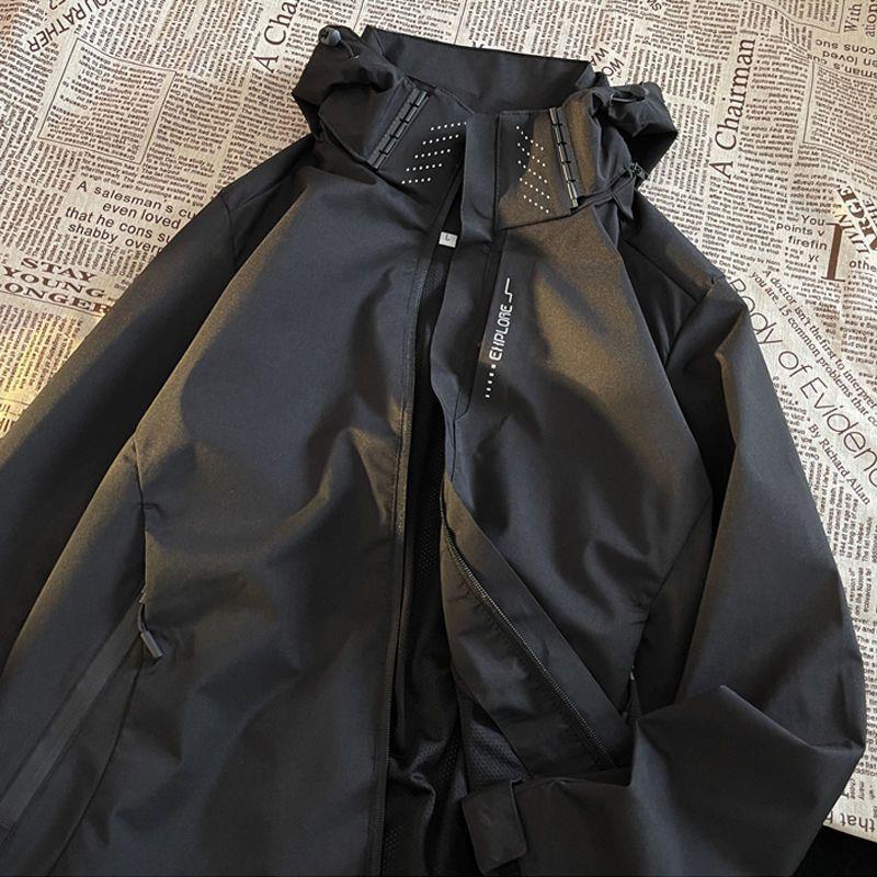New American Style Waterproof Charge Clothes Mens Japanese Style Couples Functional Style Work Jacket with Vertical Collar Student Hooded Jacket C002 Black Waterproof 【High Quality] 