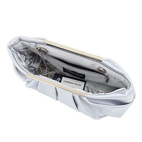 CHARMING TAILOR Clutch Evening Bag Elegant Pleated Satin Formal Handbag Simple Classy Purse for Women (Silver) - Image 4