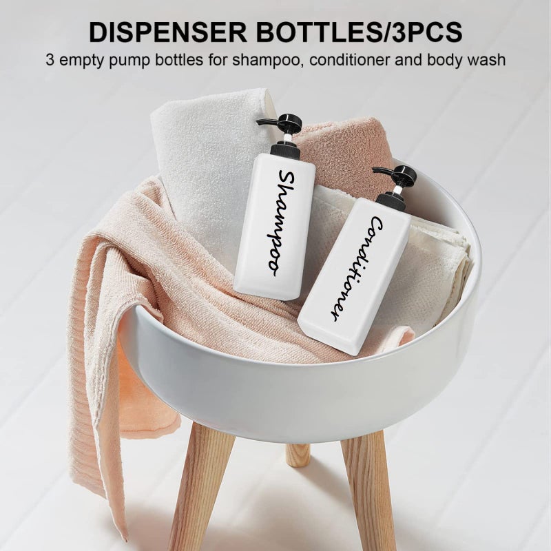DIDROOM 21oz Shampoo and Conditioner Dispenser (Set of 3) Modern Refillable Shampoo Pump Bottles for Shower Soap - Empty Shampoo Conditioner Body Wash Dispenser Set - Stylish Permanent Labels - for Bathroom - Image 5