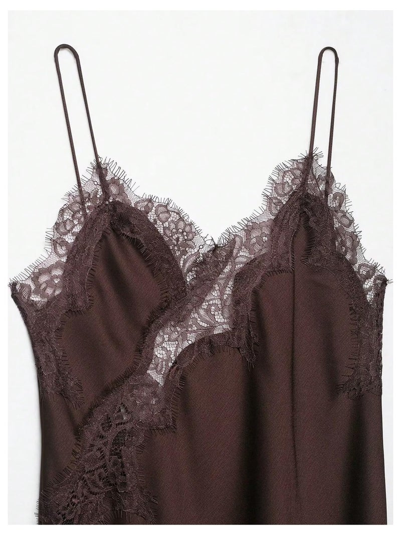 Floerns Women's Satin Lace Dress Layering Asymmetrical Tops Date Night Slip Dresses Brown Medium - Image 5