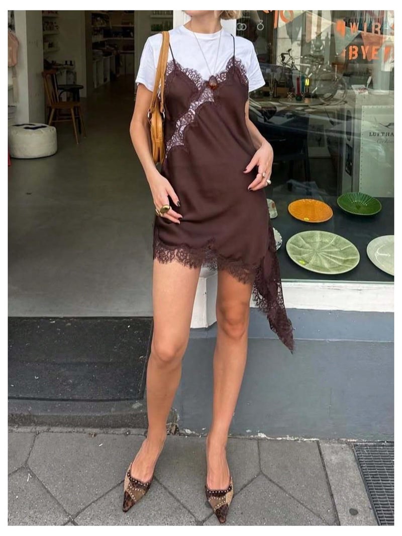 Floerns Women's Satin Lace Dress Layering Asymmetrical Tops Date Night Slip Dresses Brown Medium - Image 2