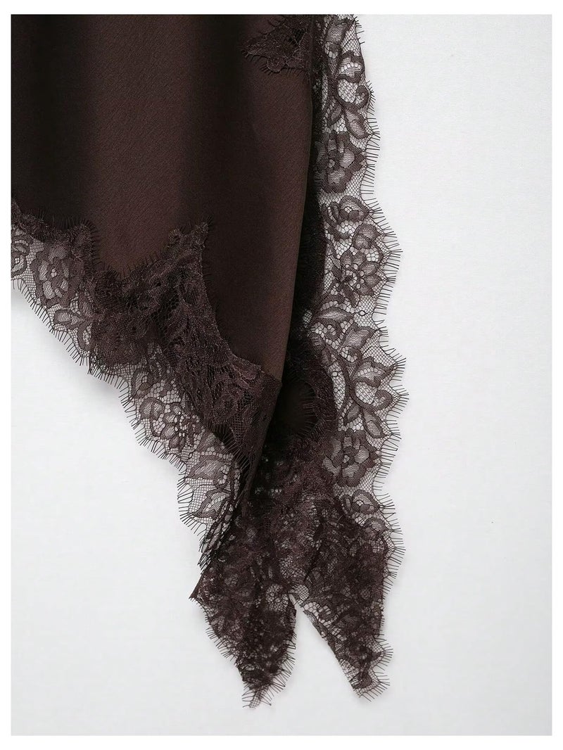 Floerns Women's Satin Lace Dress Layering Asymmetrical Tops Date Night Slip Dresses Brown Medium - Image 4