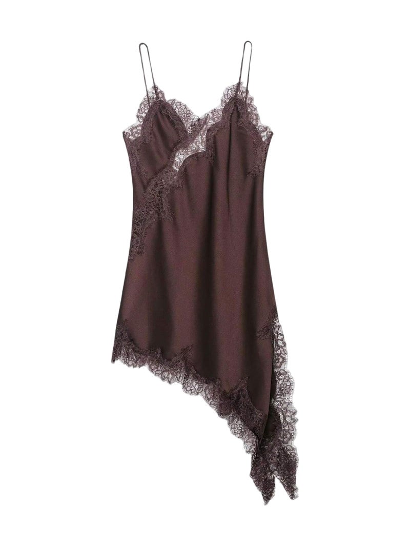 Floerns Women's Satin Lace Dress Layering Asymmetrical Tops Date Night Slip Dresses Brown Medium - Image 1