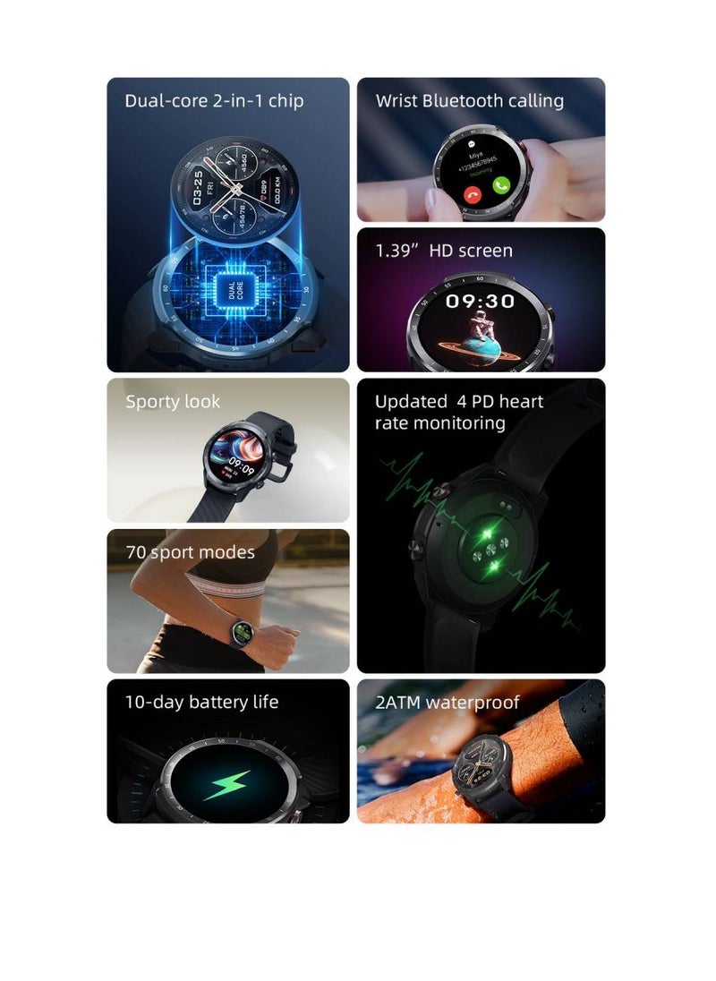 A2 Sporty Bluetooth Calling Smart Watch 1.39 Inch HD Screen Round Dual Straps Optical Heart Rate Sensor SpO2 Sensor Accelerometer Bluetooth 5.3 Connectivity 2ATM Waterproof 350mAh Battery Black