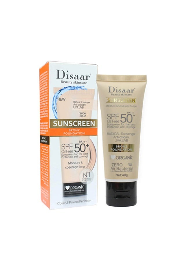 Disaar Beauty Skincare Sunscreen SPF 50+ PA+++ Bronz Foundation, Oil-Free UV Protection & Coverage Cream with Antioxidants – 40g - Image 2