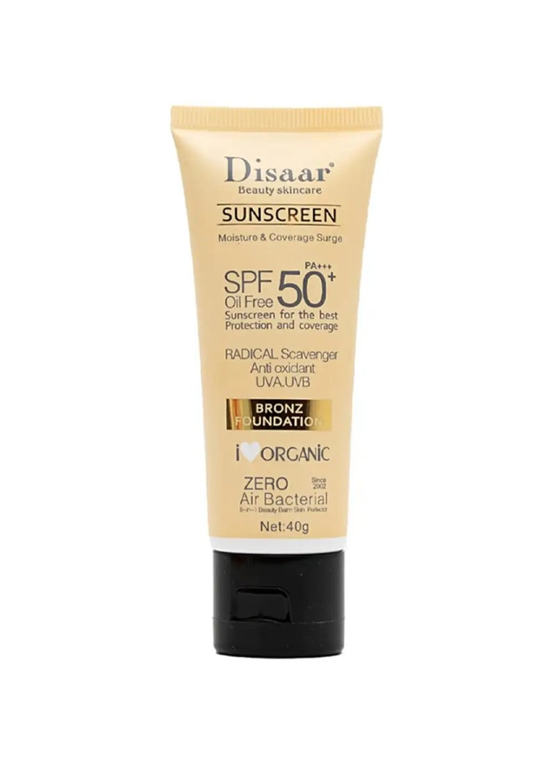 Disaar Beauty Skincare Sunscreen SPF 50+ PA+++ Bronz Foundation, Oil-Free UV Protection & Coverage Cream with Antioxidants – 40g - Image 1
