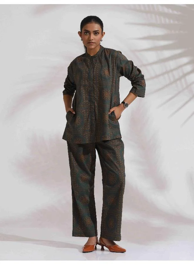 trueBrowns trueBrowns Green Cotton Print Shirt Top & Pants Co-ord Set
