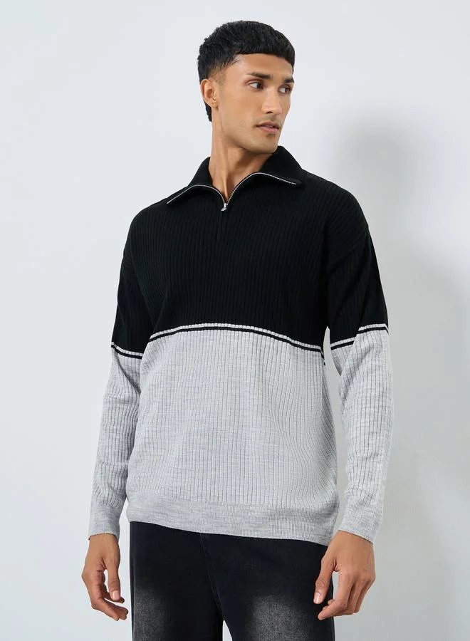 Styli Men Black Ribbed Half-Zip Sweater