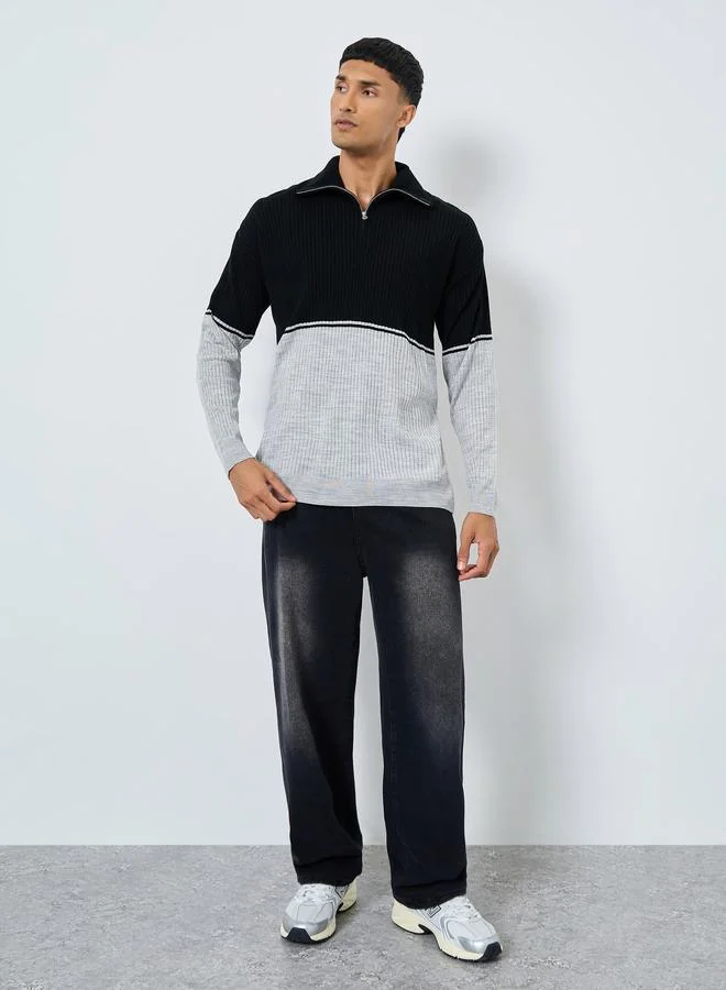 Styli Men Black Ribbed Half-Zip Sweater