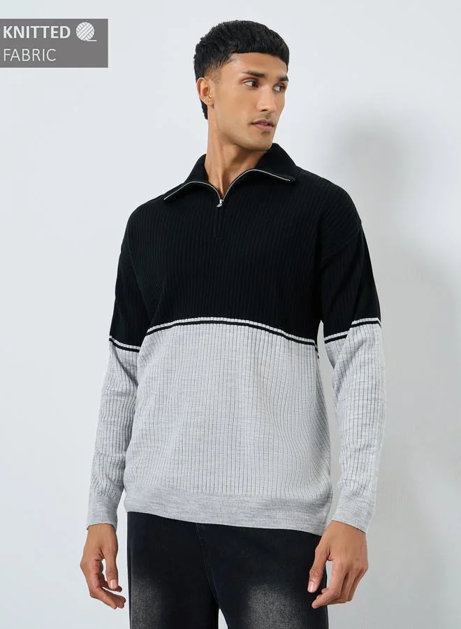 Styli Men Black Ribbed Half-Zip Sweater