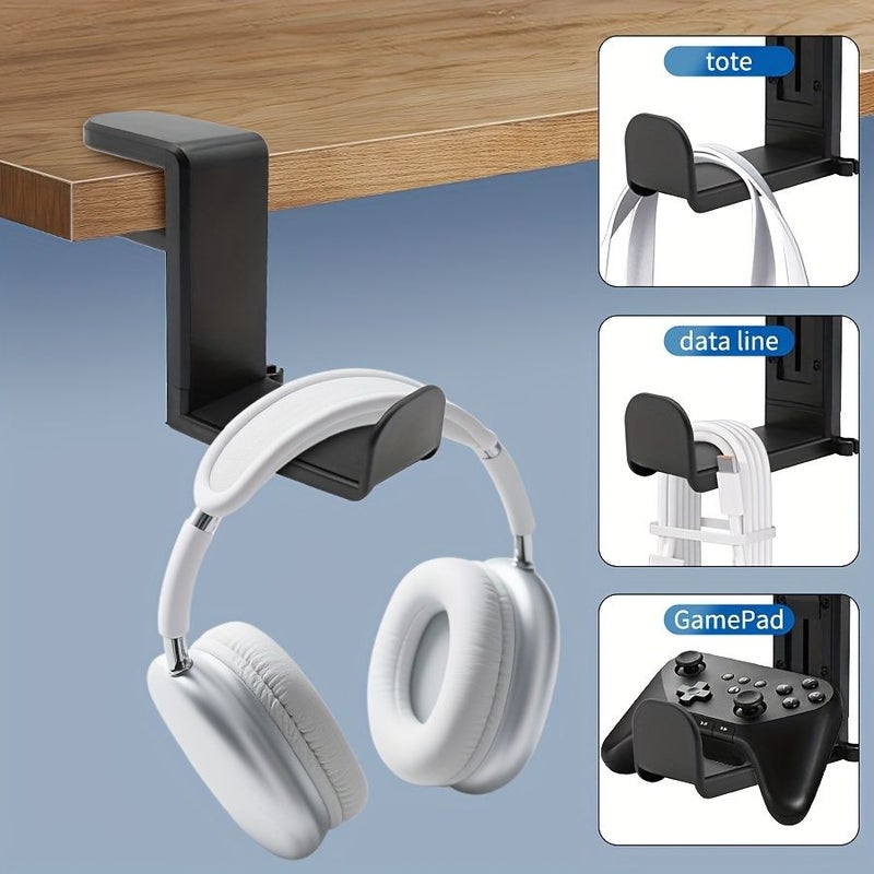Black Under Desk Headphone Stand With Clip Mount No Drilling ABS - Image 2